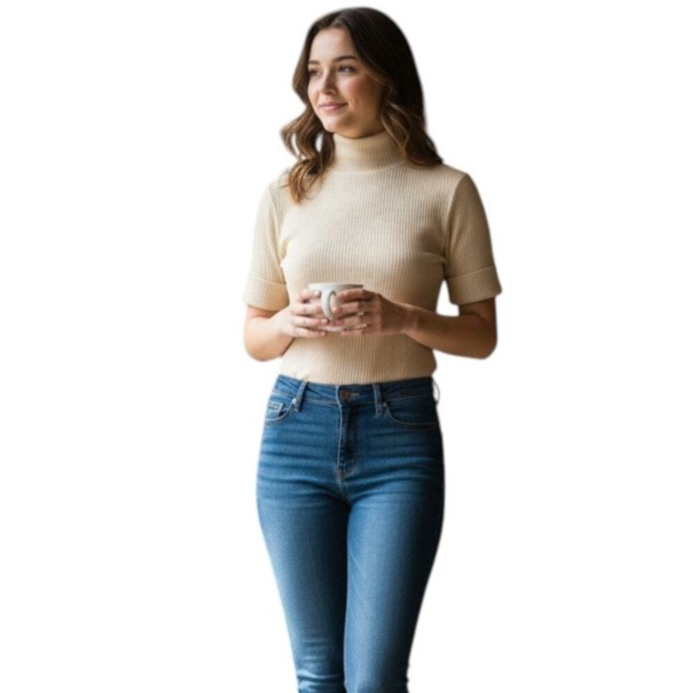 CRISTINA Yellow Turtle Neck Short Sleeve Top, Medium
